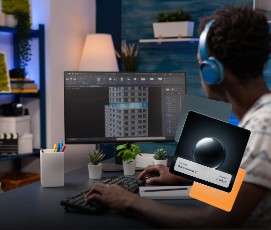 Designer reviewing a CAD model with sketch-to-render workflow overlay