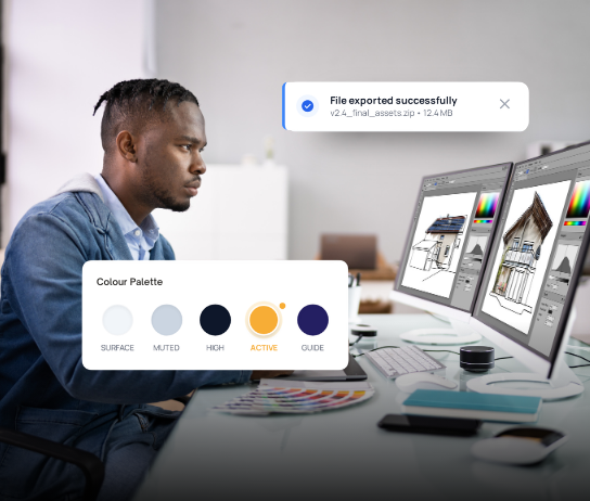 Designer drawing on a tablet with vector design tool overlays