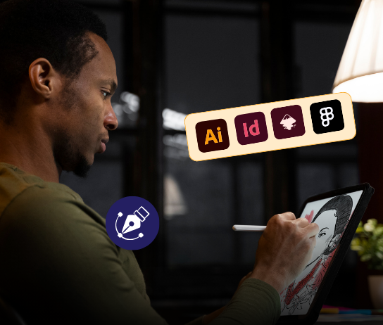 Illustrator using a stylus with design software icon bar overlay