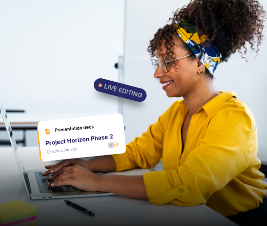 Designer at a laptop with live editing and collaborative deck project card