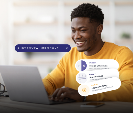 UX designer at a laptop with ideation and interaction design stage cards