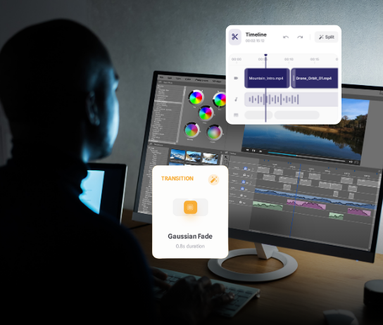 Silhouetted editor with timeline and transition panels over a cutting suite
