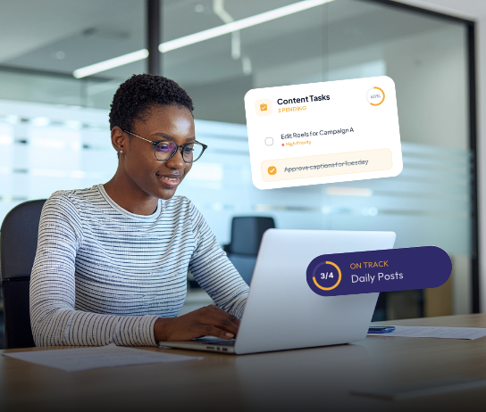 Marketer at a laptop with content tasks, priorities, and daily posts progress overlays