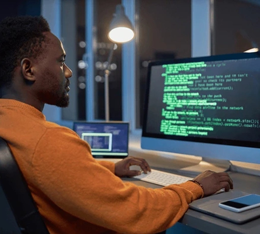 Developer working with code on computer monitors