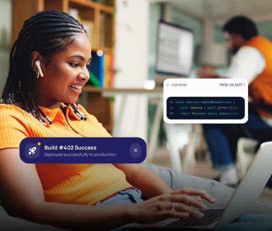 Developer with successful build deploy toast and live production code editor panel