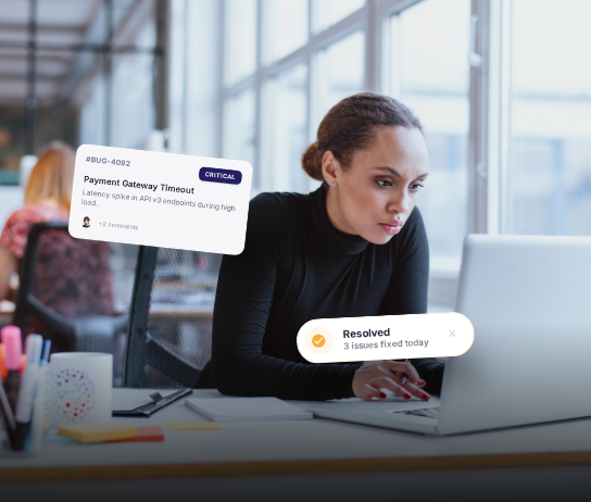 Tester at a desk with critical API bug ticket card and issues resolved notification