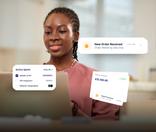 Merchant with laptop beside new order, sprint task list, and weekly revenue analytics cards