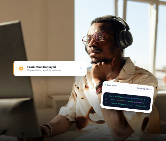 Developer with production deployed notification and live code snippet from production region