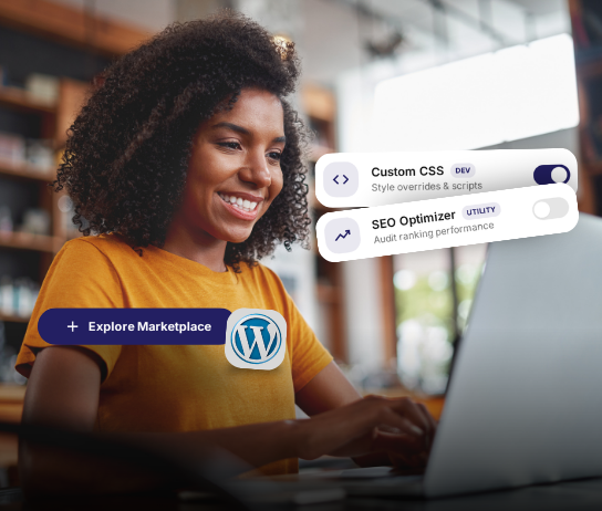 Developer with laptop showing Custom CSS and SEO Optimizer controls and WordPress branding